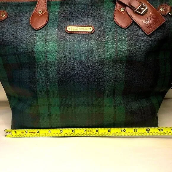 Black Watch Plaid Coated Canvas Leather Oversized Shoulder Bag Metal Feet
